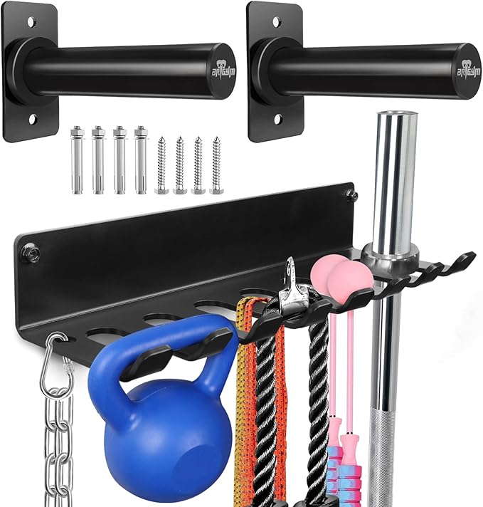 Gym Rack Organizer, Home Gym Accessories Hanger, Wall Mount Hooks for Olympic Barbells, Row Handles, Bats or Tools (E-Book Instruction Included)