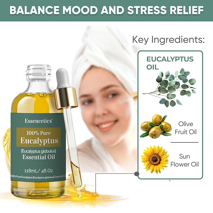 Eucalyptus Essential Oil for Diffuser 4oz - 100% Natural - Therapeutic Grade Organic Eucalyptus Oil for Skin, Humidifier, Hair, Sauna & Aromatherapy