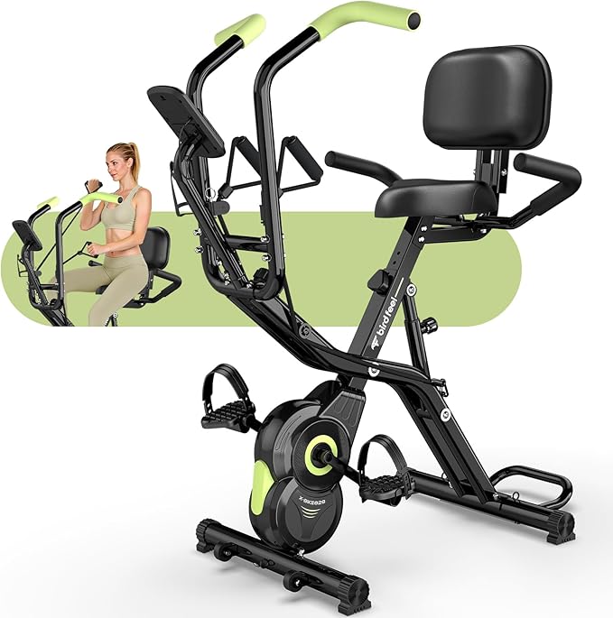 Foldable Exercise Bike, Multifunctional Indoor Stationary Bikes for Home with 8-Level Magnetic Resistance, Quiet Workout Bike with Arm Resistance Bands, LCD Monitor, 300LBS Capacity