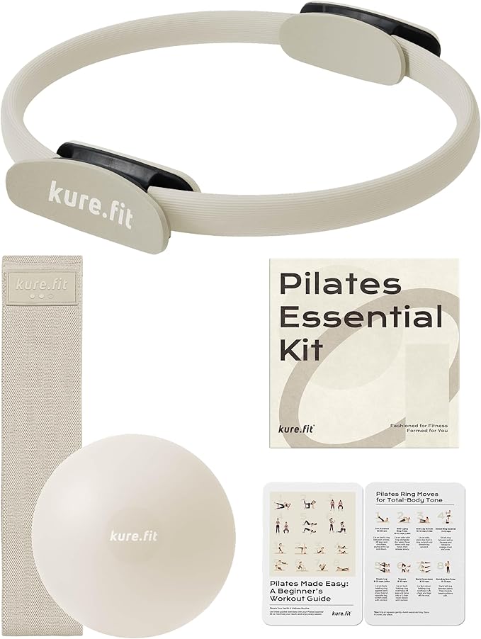 Beige Pilates Kit Bundle and Beige Adjustable Wrist and Ankle Weights 2lb Each Set of 2