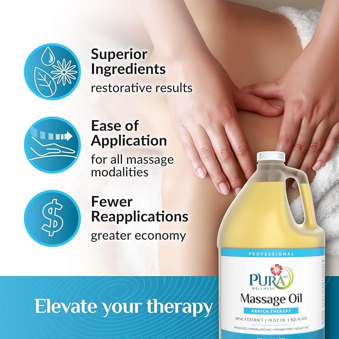 Arnica Therapy 1 Gallon Massage Oil, Arnica Extract, Professional, Massage Therapy, Deep Tissue, Unscented, Hypoallergenic, Natural Ingredients, Skin Hydrating, Moisturizing, Muscle Relief