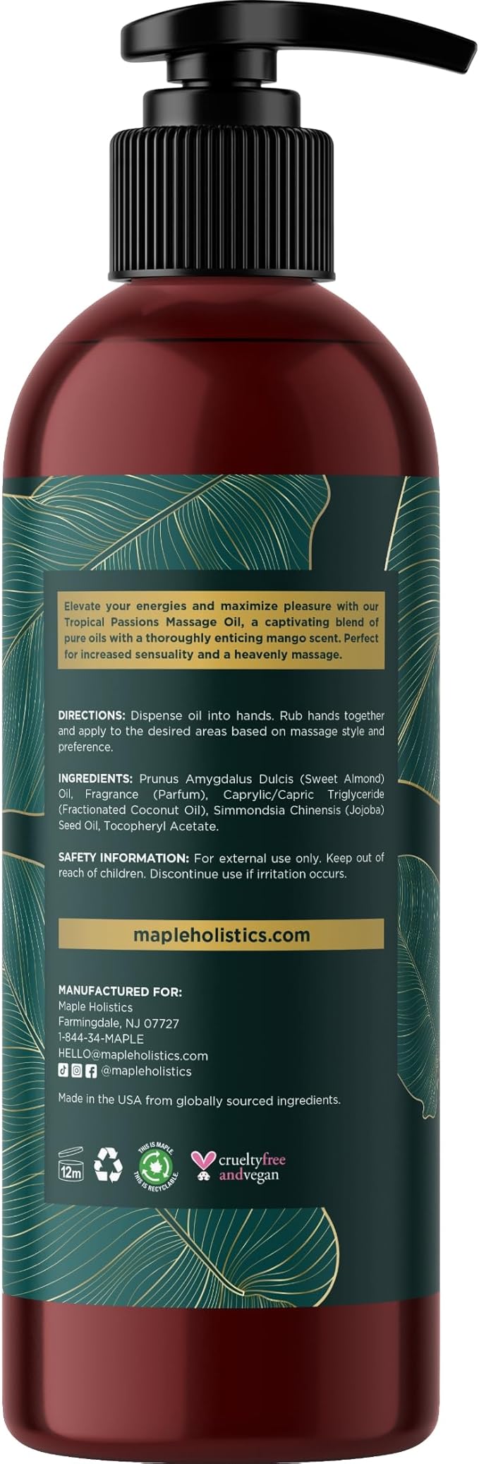 Tropical Sensual Massage Oil for Couples - Complete Relaxation Full Body Massage Oil for Date Night with Smooth Gliding Coconut and Sweet Almond Oil with Mango Scent - Non GMO Gluten Free and Vegan