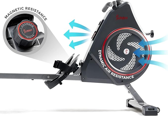 Sunny Health & Fitness Rowing Machine for Low Impact Full Body Workouts Home Training, Flip-able Equipment for EZ-Storage, Optional Magnetic or Air Resistance w/Free SunnyFit App Connection