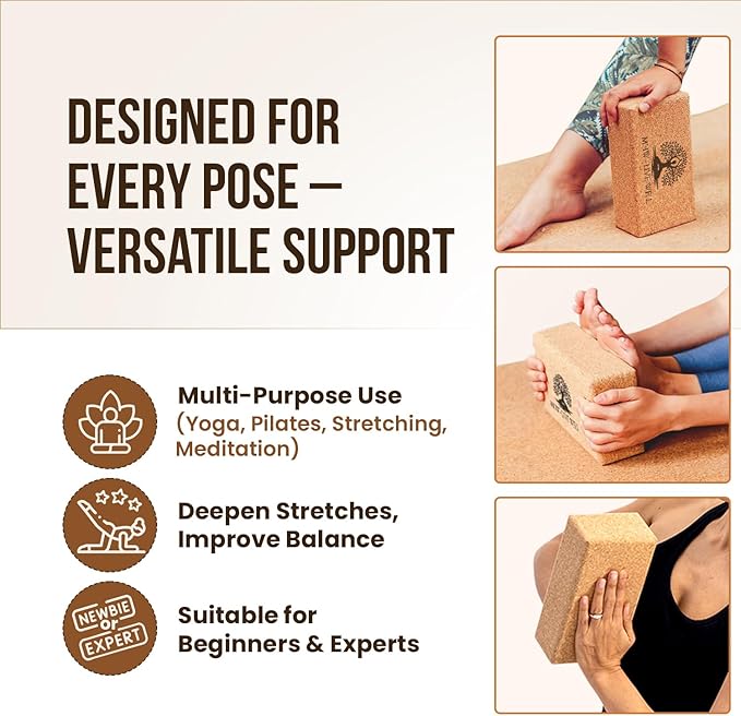 MHW - LIVE WELL Cork Yoga Block – Natural Anti-Slip Yoga Block for Stability & Deepening Poses - 9x6x3 Inches, Single (Cork, Pack of 2)