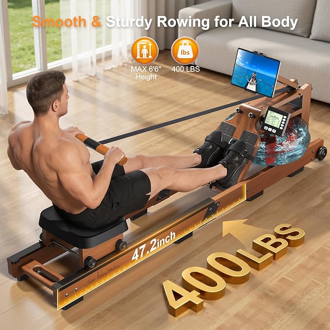Rowing Machines for Home,Water Rowing Machine with Foldable Design,400LBS Capacity,LCD Monitor,Smooth Glide Rails,Comfortable Seat,Free App(Bluetooth) Supported for Immersive Water Rower&Home Gym