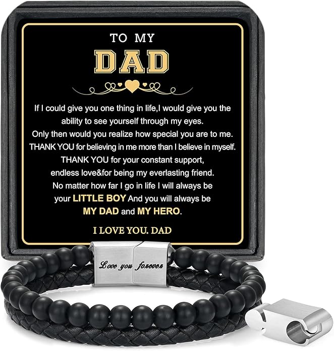 LUXEJEW Gifts for Men - Beaded Leather Bracelet 6mm Matte Agate Stone Bracelets for Men Dad Son Husband Boyfriend Grandpa Grandson Brother Uncle Nephew Adjustable Magnetic Clasp