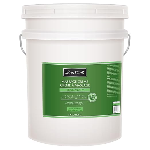 Bon Vital' Organica Organic Massage Creme, 5 Gallon, Organic Jojoba Oil, Non-Greasy, Hypoallergenic, Cream For Sensitive Skin, Massage Therapy & Muscle Relaxation, Spa Quality