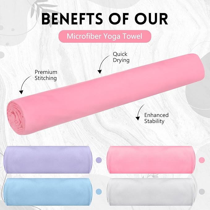 Breling 4 Pack 72" x 24" Hot Yoga Towel Non Slip Microfiber Mat Towel Sweat Absorbent Soft Pilates Mat Essentials for Hot Yoga Pilates Exercise(Purple, Pink, Blue, White)