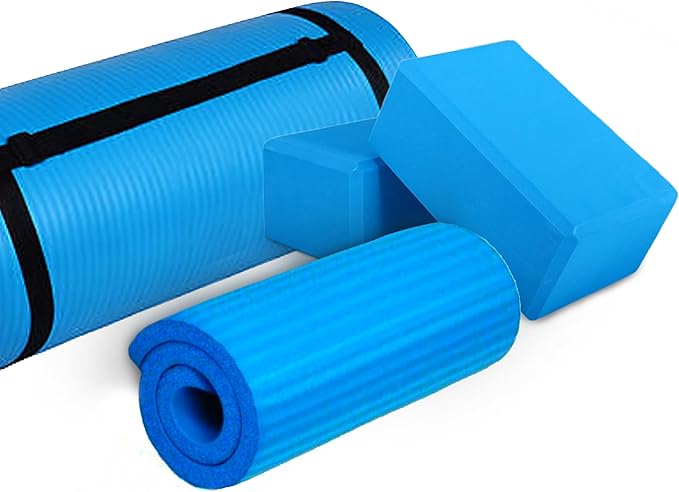 BalanceFrom 71x24 Inches Yoga Mat with Knee Pad and Optional Blocks – Extra 1-Inch Thick Non-Slip Foam with Anti-Tear Surface and Carrying Strap for Home, Studio, or Gym Workouts