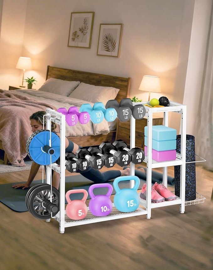 3-Tier Dumbbell Rack Stand Only - Adjustable Weight Rack for Home Gym, Heavy-Duty Weight Stand for Dumbbells Kettlebells Foam Roller Yoga Mats, Workout Equipment Storage Organizer With Hooks