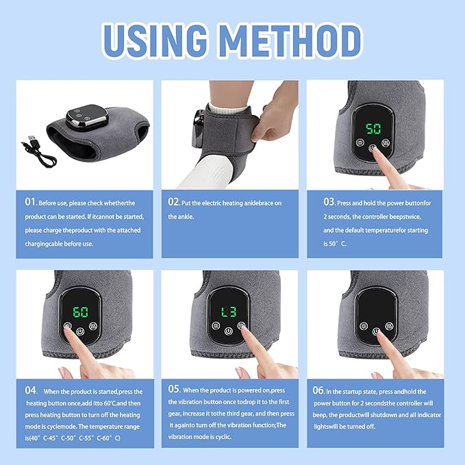 Rechargeable Ankle & Foot Massager with Adjustable Heat Therapy – 5-Temp Infrared, 3-Level Vibration for Pain Relief & Relaxation