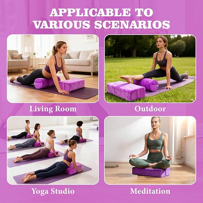 2 PCS Yoga Bolster Pillow Set Washable Velvet Cover Meditation Bolster with High Density Foam and Carry Handle Rectangular and Cylinder Bolsters for Restorative Yoga