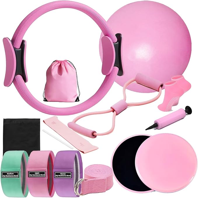 Pilates Essential Kit 12-Piece - Complete Home Pilates Kit for Women with 12.6”Magic Circle, Resistance Bands, 9.8” Yoga Ball & Foam Roller for Body Workout Equipment for Home Gym & Studio