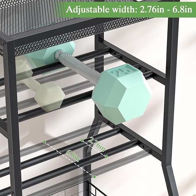 Home Gym Storage Rack, Dumbbell Rack with Yoga Mat Storage, Weight Rack Stand with Lockable Wheels and Hooks, Home Workout Equipment Organizer for Yoga, Dumbbell, Kettlebells, Ball Storage