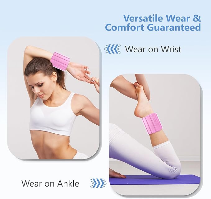 Wrist and Ankle Weights for Women & Men 2 Pack (1lb Each), Adjustable Silicone Wearable Arm & Leg Weights for Pilates, Gym, Yoga, Cardio, Strength Training