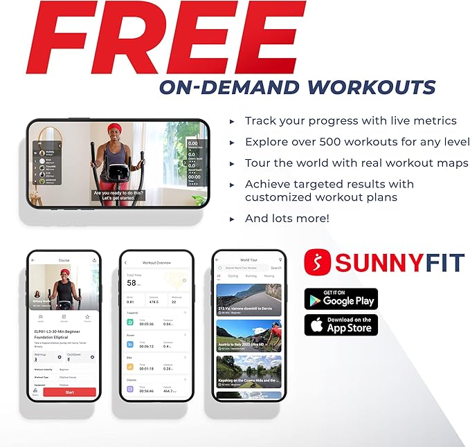 Sunny Health & Fitness Elliptical Exercise Machine, Silent Training, Long Stride Full Body Workout, Adjustable Resistance, Pulse Sensor, SunnyFit App via Bluetooth, Electric or Manual