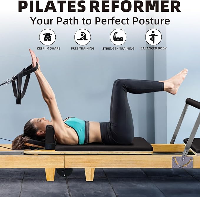 Foldable Pilates Reformer & Equipment for Home use One-Piece Rubber Wood Foldable Reformer Pilates Machine, Pilates Bed for Studio Home Gym Yoga Workout Mute Pilates Chair( Black)