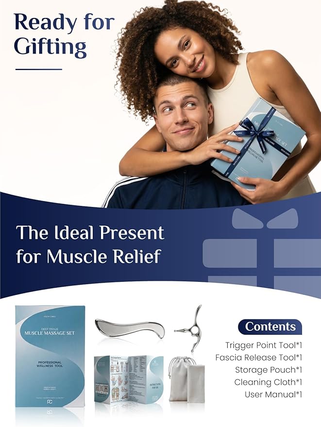 Rena Chris Muscle Scraper & Trigger Point Massage Tool Set, Stainless Steel Body Gua Sha Tool for Deep Tissue Pain Relief & Fascia Release, with Travel Pouch & Guide (2-Piece Kit)