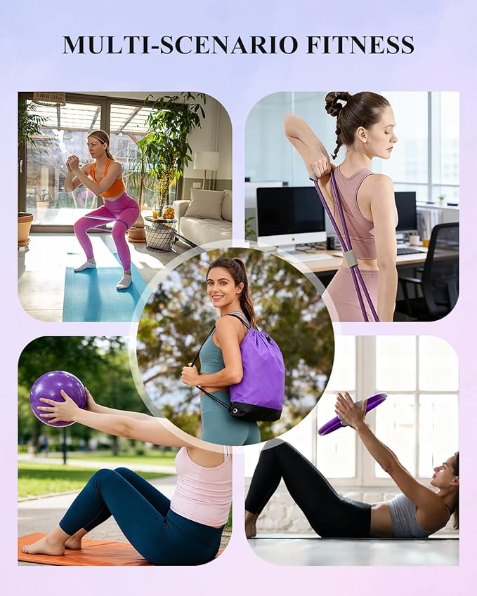 Home Workout Pilates Kit for Women, Better me Pilates Ring and Ball Set Essentials Equipment, with 5 Resistance Bands, Massager Roller, Yoga Starter Accessories for Toning Arms, Thighs & Core