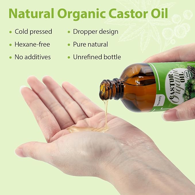50 Pcs Castor Oil Patches with (8oz) Castor Oil Organic Cold Pressed Unrefined Glass Bottle,Cotton Caster Oil Pack Wrap for Waist Back Neck Arm Belly,Self-Adhesive Disposable for Convenient Use