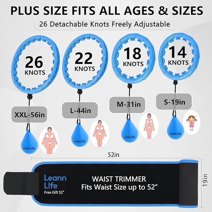 U2-26 Knots 19”- 56”, Weighted Hula Hoop for Adults Weight Loss, Infinity Hoop Plus Size, Children Adults Home Outdoors, Fun Fitness Exercise, Abdominal Toner,Free Waist Trimmer&Wash Bag