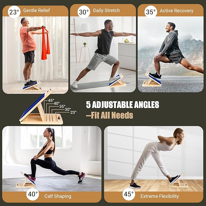 Wooden Slant Board for Calf Stretching, Portable Adjustable Calf Stretch Board with Training Poster & Resistance Bands, 300lb Weight Capacity Calf Ankle Achilles Physical Therapy Leg Exercisers