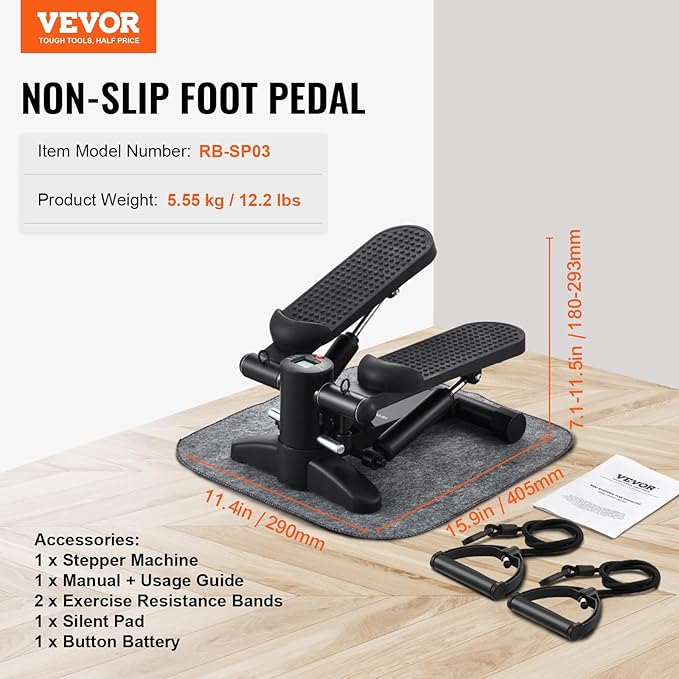 VEVOR Stair Stepper, Mini Stepper for Exercise at Home, Hydraulic Fitness Stepper with Resistance Bands, Full Body Workout Cardio Equipment, Stair Climber