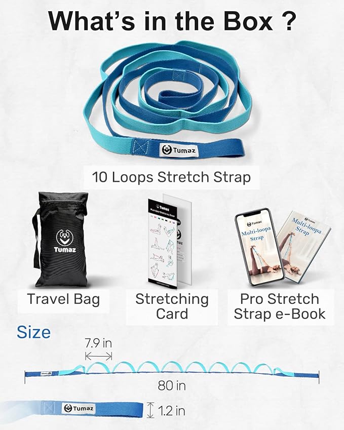 Tumaz Stretching Strap - 10 Loops & Non-Elastic Yoga Strap - Perfect Home Workout Stretch Strap for Physical Therapy, Yoga, Pilates, Flexibility