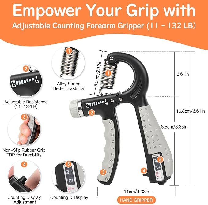 CYFIE Grip Strength Trainer Kit, Adjustable Hand Gripper Strengthener, Forearm Strengthener & Finger Exerciser Set with Finger Stretcher, Stress Ball & Grip Ring for Athletes, Rock Climbing & Rehab