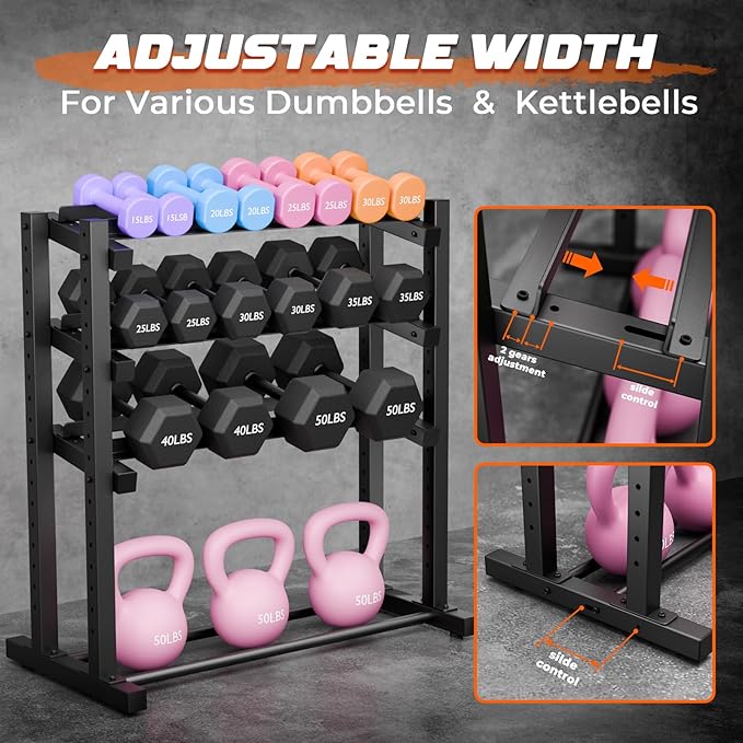 1100LBS Weight Rack for Home Gym, Upgraded 4-Tier Dumbbell Rack, Barbell Holder Bumper Plate Storage Rack with Adjustable Height & Width Design, Heavy Duty Weight Storage Organizer (Rack Only)