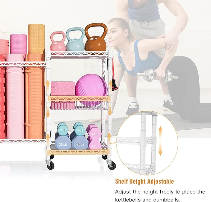 FUTASSI Home Gym Storage, 3 Tiers Workout Equipment Organizer with Wheels for Yoga Mats, Foam Roller, Dumbbells, Kettlebells, and Resistance Bands
