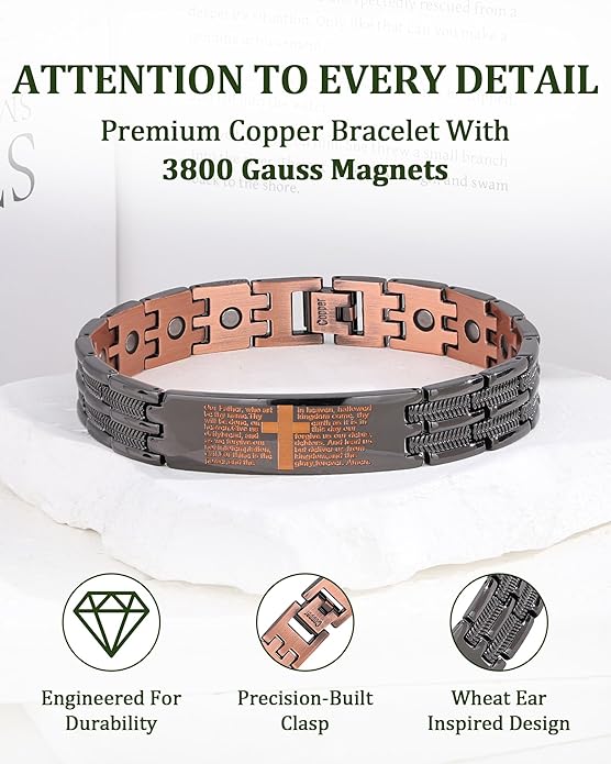 Magnetic Bracelet and Ring Set for Men, 99.99% Pure Copper Jewelry, Adjustable Cross & Celtic Knot Design, Gift for Dad