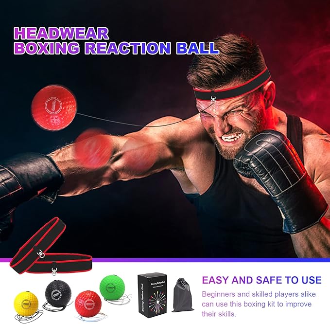 Boxing Reflex Ball, Headband Boxing Reaction Ball, Hand Eye Coordination Punching Speed Training Recreation Balls, Punch Ball Reflex Ball with Carry Bag for Teens Adults (4 Balls + 2 Headbands)