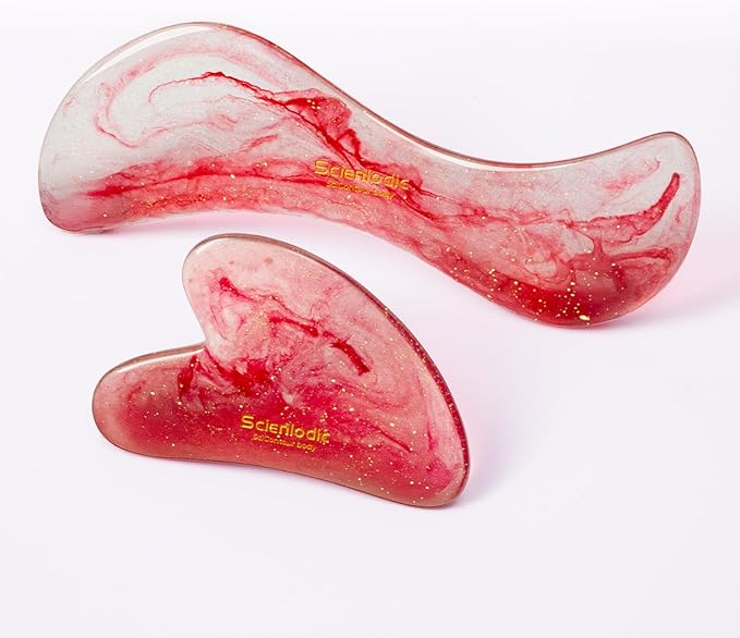 Scienlodic 2 Pcs Gua Sha Massage Tools for Face & Body (Red, Resin) - Guasha Scraping Tool for Jawline Contouring, Puffiness Reduction, Neck, Shoulders, Arms & Calves Relaxation