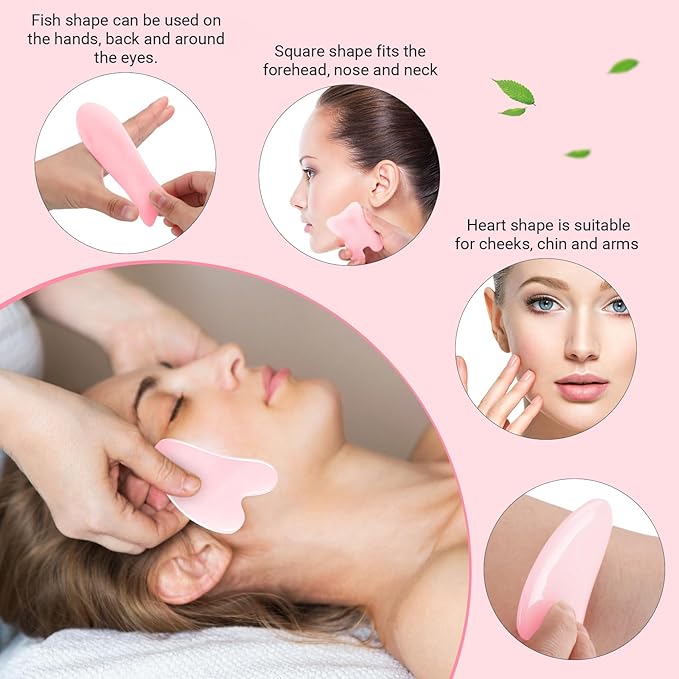 Treela 5 Pcs Gua Sha Facial Tools Set and 1 Pcs Body Gua Sha Massage Tool with Handle for Face Back Neck Leg Body Scraping Massage Board Guasha Comb(Jade, Resin,Pink)