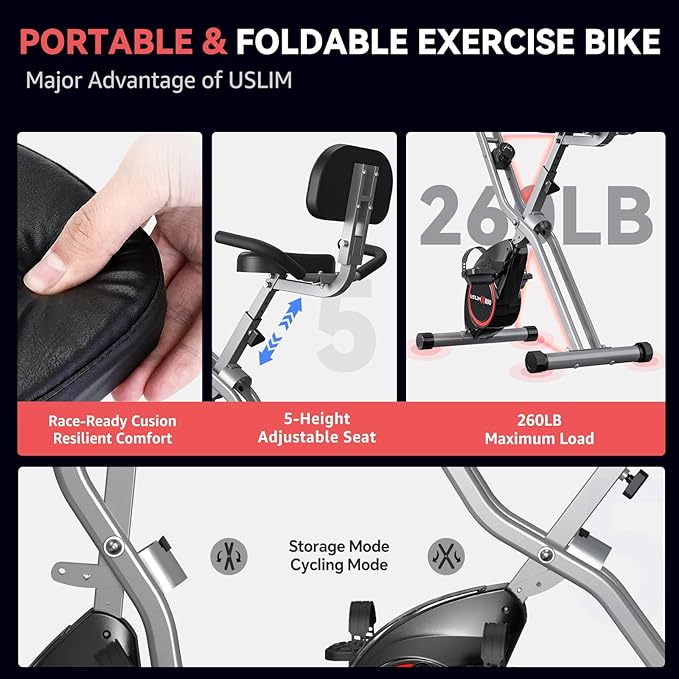 Foldable Exercise Bike Stationary Bikes for Home, 5 IN 1 Indoor Workout Bike, Cycling Bike with 16-Level Quiet Magnetic Resistance, 6.6 LBS Flywheel and 300LBS Capacity for Senior and Home Workout