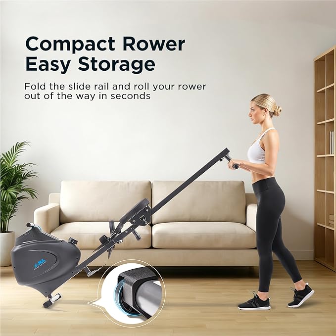 JLL Magnetic Rowing Machine – Foldable Rower for Apartments & Home Gyms, 16 Resistance Levels, Bluetooth with SunnyFit App, Easy-Glide Wheels, Tilt-to-Store Upright Design