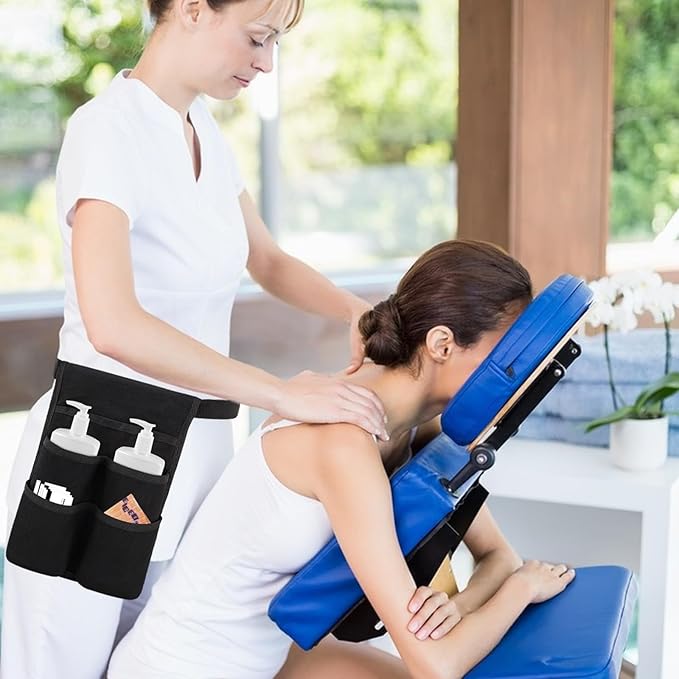 Massage Bottle Bag with Multiple Pockets, Black Professional Therapist Waist Bag for 2 Oil Lotion Bottles, Adjustable Belt with Multiple Pockets Organizer