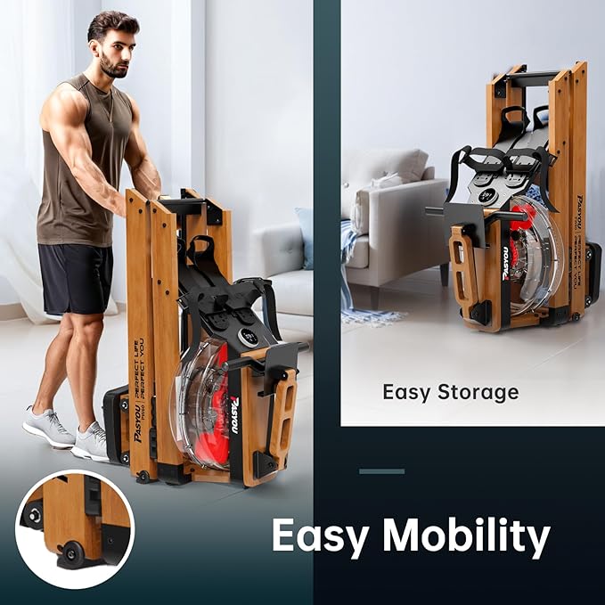 PASYOU Water Rowing Machine for Home – Oak Wood Foldable Rower, 350 LBS Capacity, 6-Level Adjustable Resistance, 14L Water Tank, Smart Monitor & Tablet Holder, Bluetooth with Kinomap App