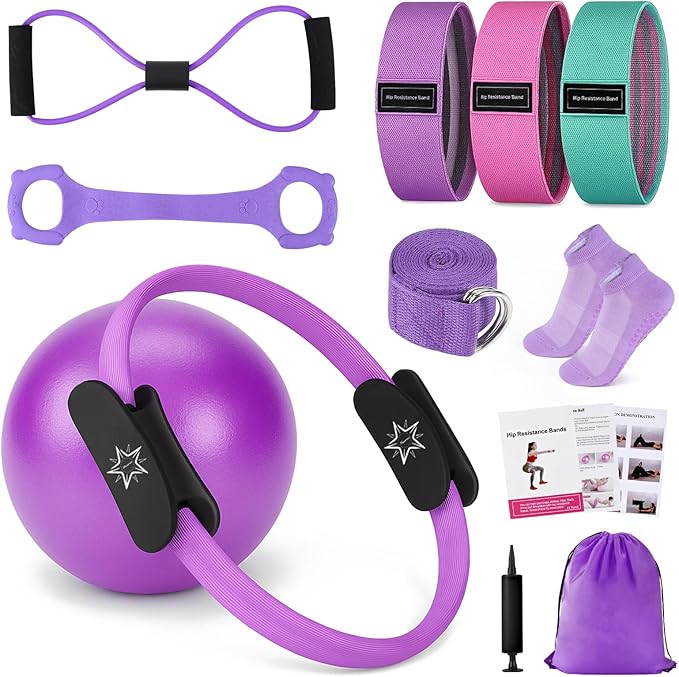 Pilates Equipment, Home Workout Pilates Ring Kit with Resistance Bands, 14'' Magic Circle, Mini Ball, Pilates Starter Kit for Strength, Toning and Flexibility, Workout Guide Included