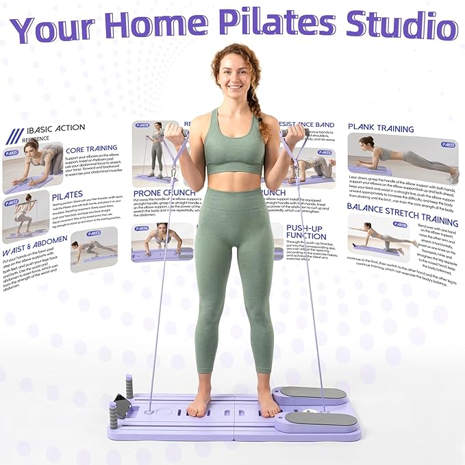 Pilates Board for Home Workout – Upgraded Foldable Pilates Reformer Board Set, Portable Pilates Reformer Machine with Resistance Bands, Ab Wheel & Push-Up Handles, All-in-One Home Pilates Equipment