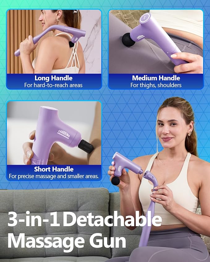 3-in-1 Detachable Massage Gun Deep Tissue, Ergonomic Extension Handle Back Massager for Pain Relief, Portable Percussion Muscle Massager for Shoulder, Thigh, Waist & Neck Purple