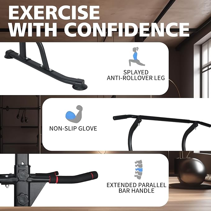 Dip Station Strength Training Dip Stands Station with Connecting Rod and Padded Handles for Home Gym & Fitness Training
