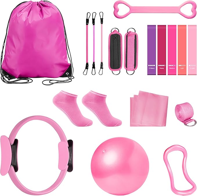 18-Piece Home Pilates Essentials Kit for Women - Complete Workout Equipment Set with Resistance Band, Yoga Ball, Ring, and Anti-Slip Socks (Pink)
