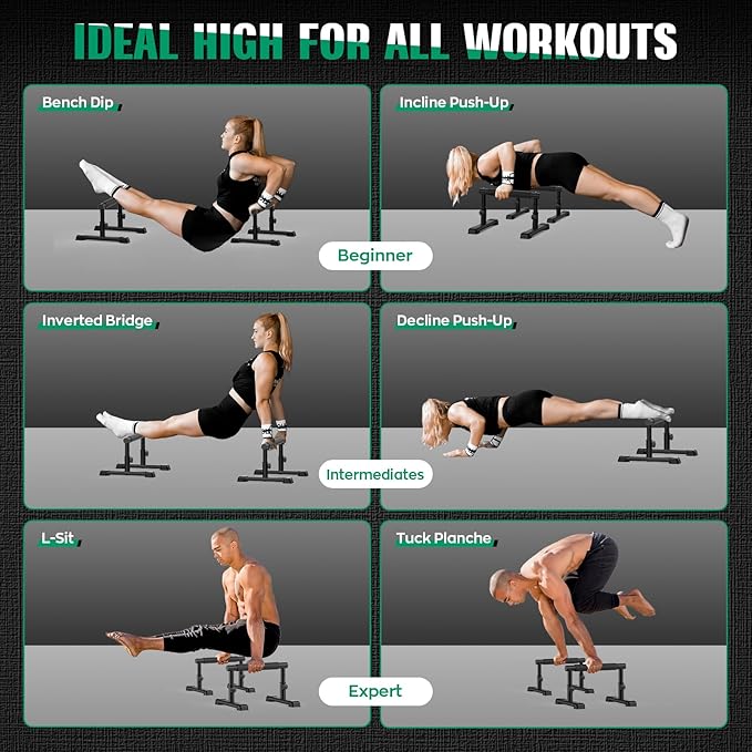 IMAYCC Push Up Bar, Adjustable 7.5" and 10.6" High Parallettes Bars & Dip Bar With Full-Cover Foam Grips, No Wobbling Calisthenics Equipment For Handstand, L-Sit, Gymnastics, Strength Training Home Gym