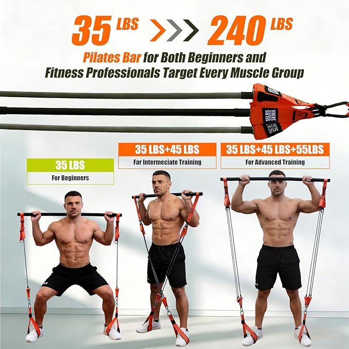 Pilates Bar Kit with Resistance Bands for Men, Heavy Duty Home Gym Equipment for Full Body Workout, Strength Training, Legs, Hips, Arms, Abs, Chest – Portable Pilates Stick