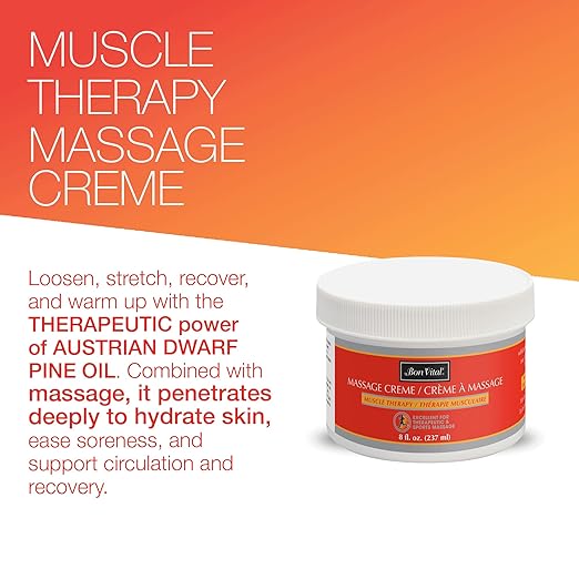 Bon Vital' Muscle Therapy Massage Creme, 8oz-Jar, Massage Cream with Essential Oils for Deep Tissue, Sports, Swedish & Trigger Point Massage, Smooth Texture