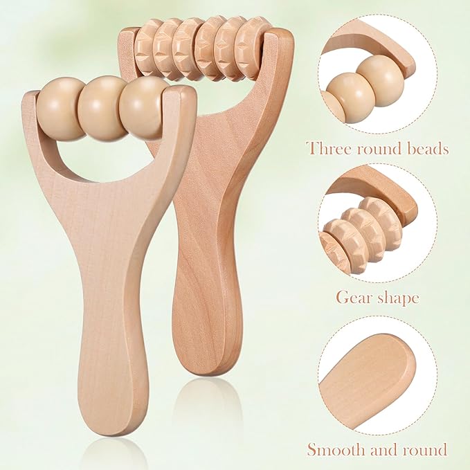 Ciieeo 2Pcs Wooden Massage Roller Set - Handheld Wood Massage Tools for Neck Back Leg Foot Manual Cellulite Massager Muscle Relief (3 Bead Gear Roller)