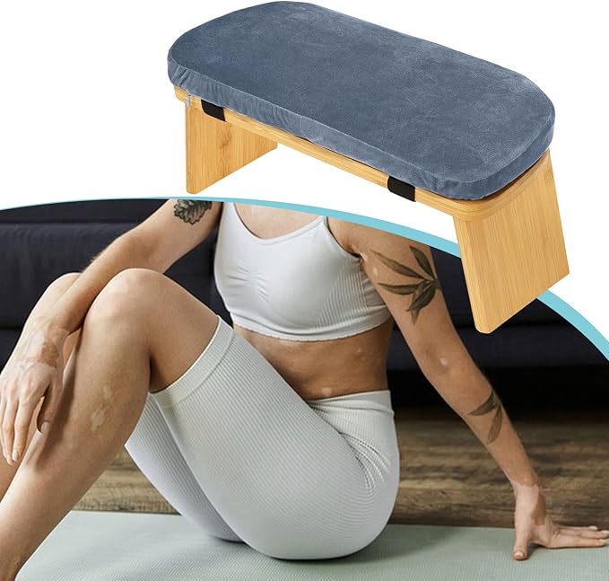 HouseVibe Meditation Bench Kneeling Stool Ergonomic Wood with Soft Cushion, Foldable, Portable Prayer Bench, Meditation Stool- Gray Blue