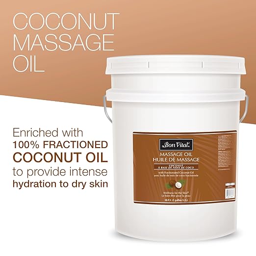 Bon Vital' Coconut Massage Oil, 5-Gallon Pail, 100% Pure Fractionated Coconut Oil for Dry Skin, Lightweight Non-Greasy, Neutral Scent, Non-Staining, for Massage Therapy & At-Home Use